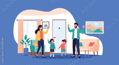 A happy family of four waving hello as they stand near a doorway.