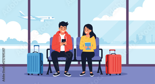 Two young people wait for their flight in an airport terminal.