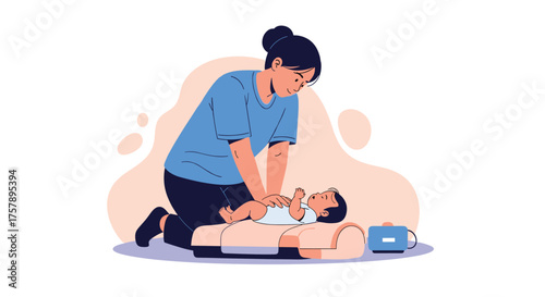 Demonstration of infant cardiopulmonary resuscitation technique on a training dummy.