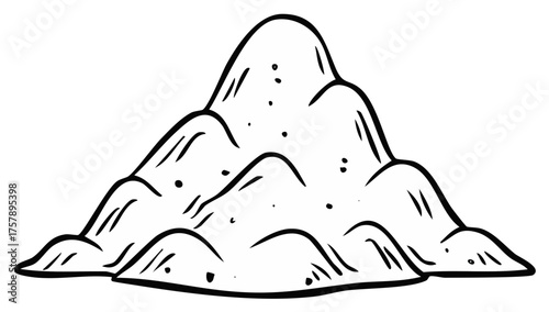 Hand-drawn mountain range illustration, cartoon style, black and white