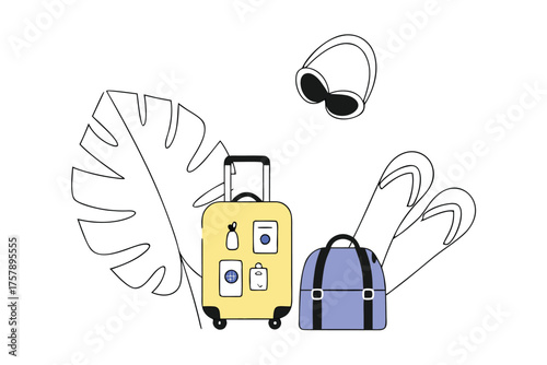 Yellow suitcase with travel essentials and blue duffel bag with flip flops and sunglasses for vacation trip isolated on transparent background