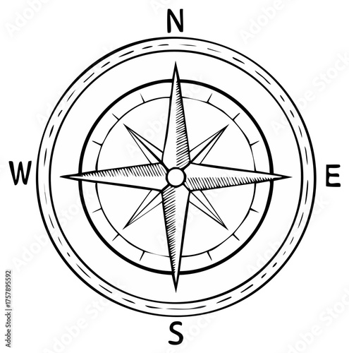Monochrome line art illustration of a compass rose for navigation and direction finding in cartography and orienteering projects
