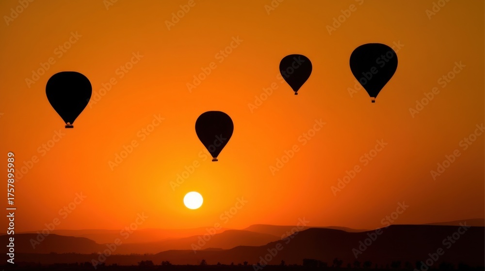 Naklejka premium Five colorful hot air balloons float gracefully in the sky during a breathtaking sunset,