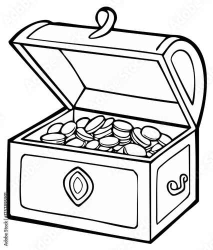 Open treasure chest filled with coins in simple line art style