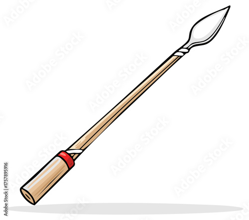 Illustration of a traditional wooden spear with a sharp metal tip and red binding