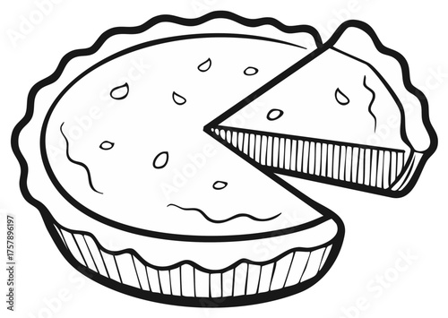 Simple line drawing of a whole pie with one slice removed and standing apart