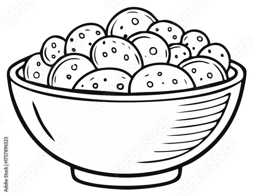 Bowl of round cookies, black and white line art for coloring book or page