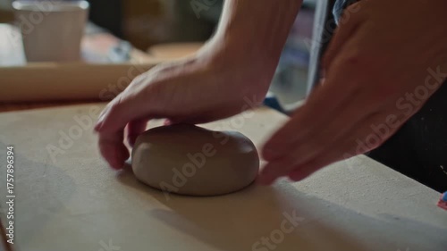 Wallpaper Mural Close-up view of hands of unrecognizable female potter pressing soft round ball of clay on worktable in ceramics workshop Torontodigital.ca