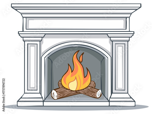 Cozy fireplace with crackling flames and logs inside a white mantlepiece drawing