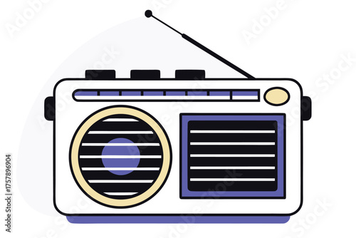 Retro portable radio with antenna and speaker grill in a stylized flat design isolated on transparent background