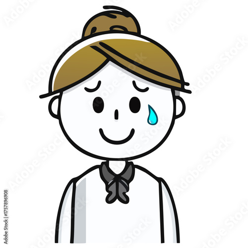 A sad person with a tear in the eye while smiling