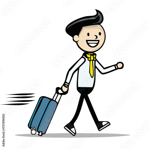 A person is cheerfully dragging a rolling luggage, embarking on a travel adventure. He exudes a sense of excitement and anticipation for his journey. 