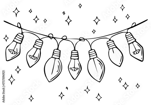 Hand drawn string lights with stars festive decoration graphic design element