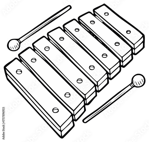 Hand Drawn Xylophone Illustration with Mallets for Kids Educational Resources and Creative Projects, Music Instrument Outline