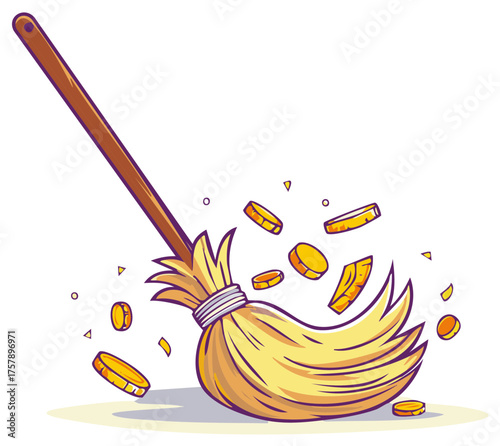 Cartoon broom sweeping golden coins concept for financial success