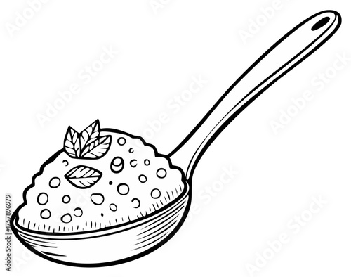 Spoonful of Food with Herbs Outlined Drawing Spoon of Porridge with Basil Leaves