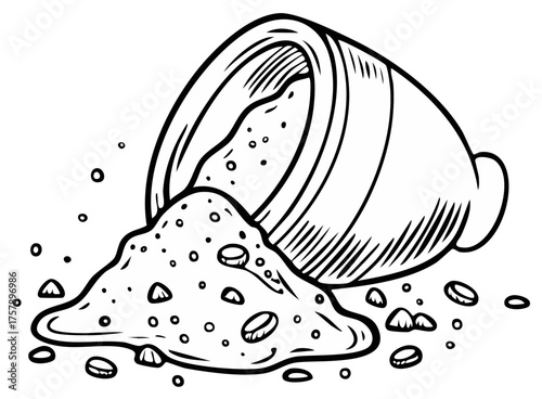 Ceramic Pot Spilling Grains or Powder in Line Art Style An Illustration for Graphic Design Element and Coloring Page Projects
