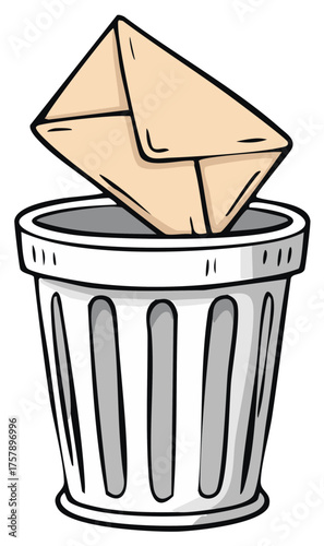Envelope in trash bin, unwanted mail, email deleting, vector illustration, communication