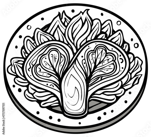 Elegant Monochrome Artichoke Heart on Plate: Intricate Vegetable Design in Graphic Style