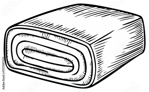Hand drawn rolled towel illustration in black and white woodcut style artwork