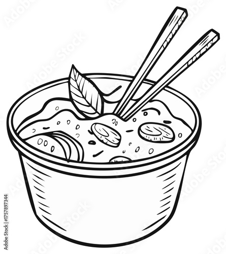 Hand-drawn illustration of an Asian noodle soup bowl with chopsticks line art