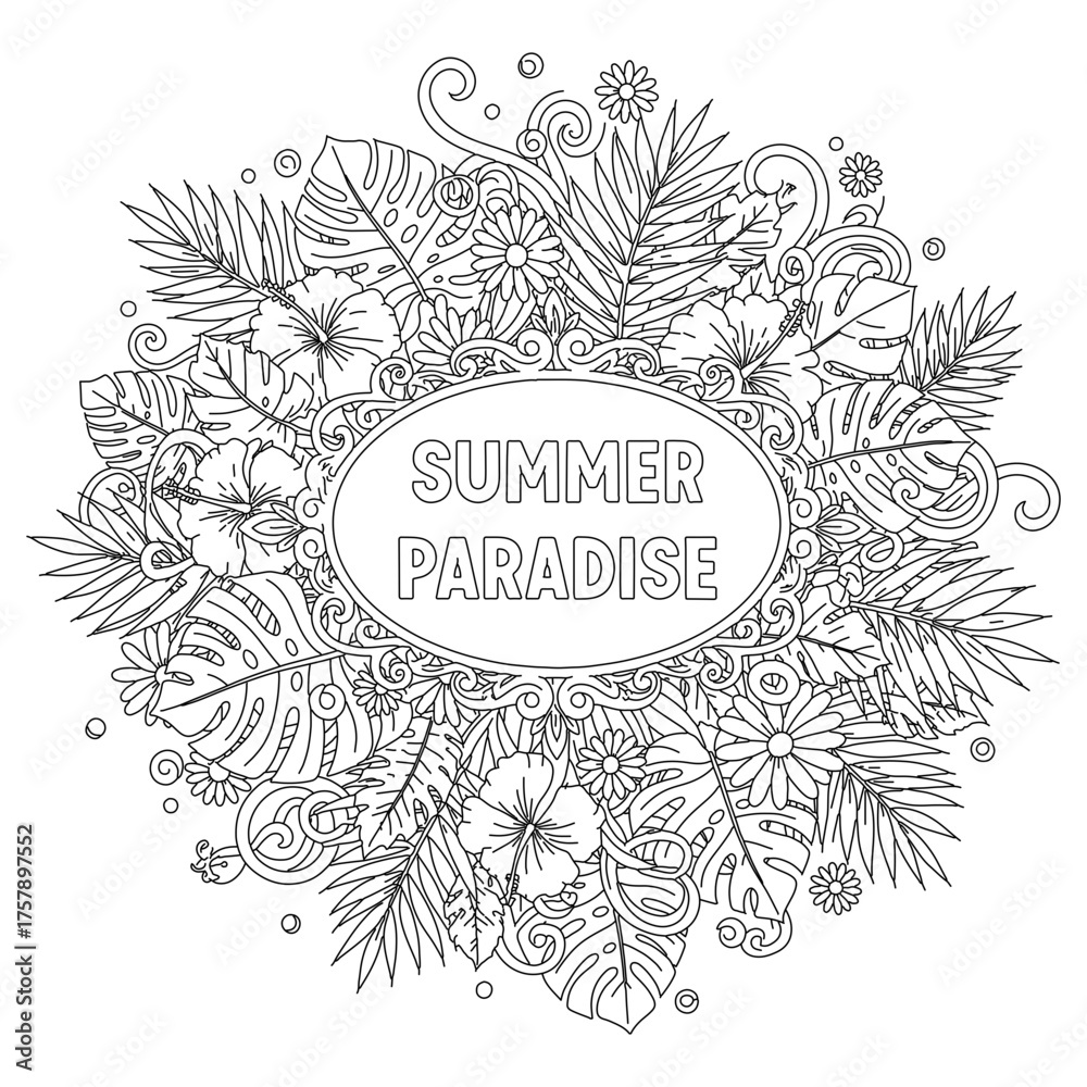 Obraz premium Escape to a summer paradise with this tropical floral design, perfect for adult coloring books and creative projects, feel the tropical vibes today