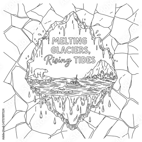 Urgent climate change awareness art displaying melting glaciers and rising tides with polar bear and coastal village, a call for environmental action