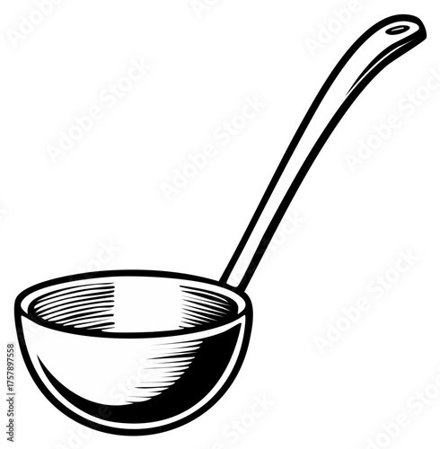 Illustration of a black and white kitchen ladle with a long handle, vector design.