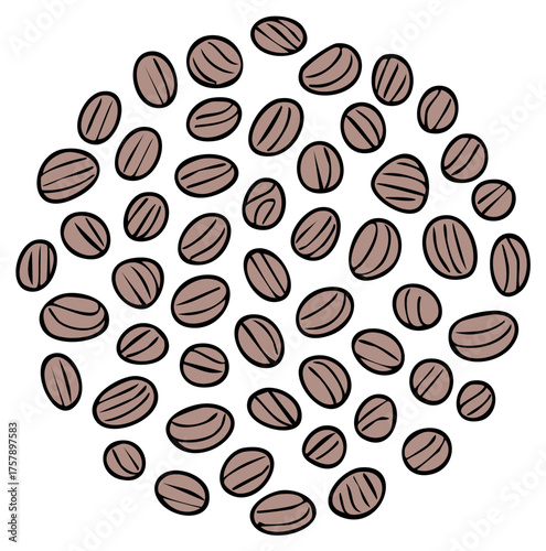 Illustration of coffee beans arranged in a circle, brown and tan color scheme