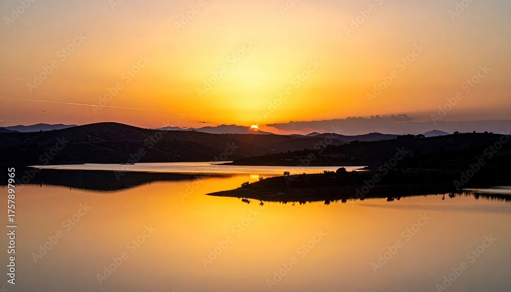 Obraz premium Serene Golden Hour Sunset Over Calm Water Reflecting Hills and Distant City Lights