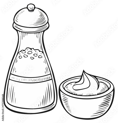 Hand drawn illustration of a salt shaker and a dish of mayonnaise