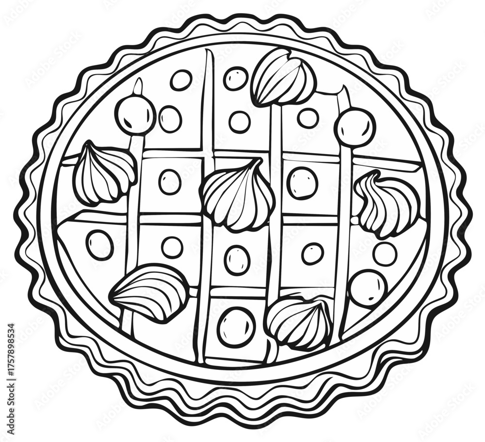 Fototapeta premium Outline drawing of a pie with meringue topping and berry decoration
