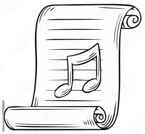 Musical Note on Scroll Paper, Sheet Music Illustration, Artistic Design Element, Paper with Lines, Creative Concept