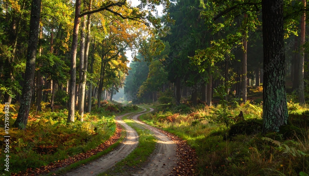 Fototapeta premium Sunlit Path Through the Forest - A Serene Woodland Scene.