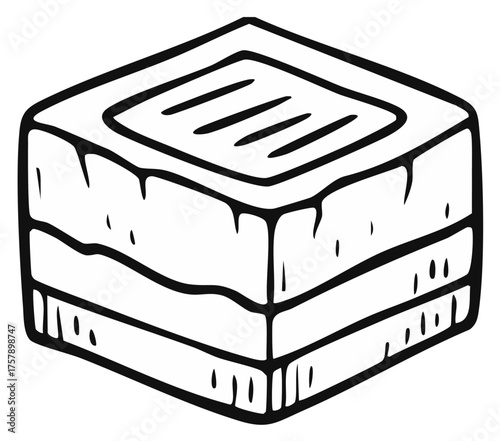 Hand drawn illustration of a square layered cake. Black and white dessert sketch.