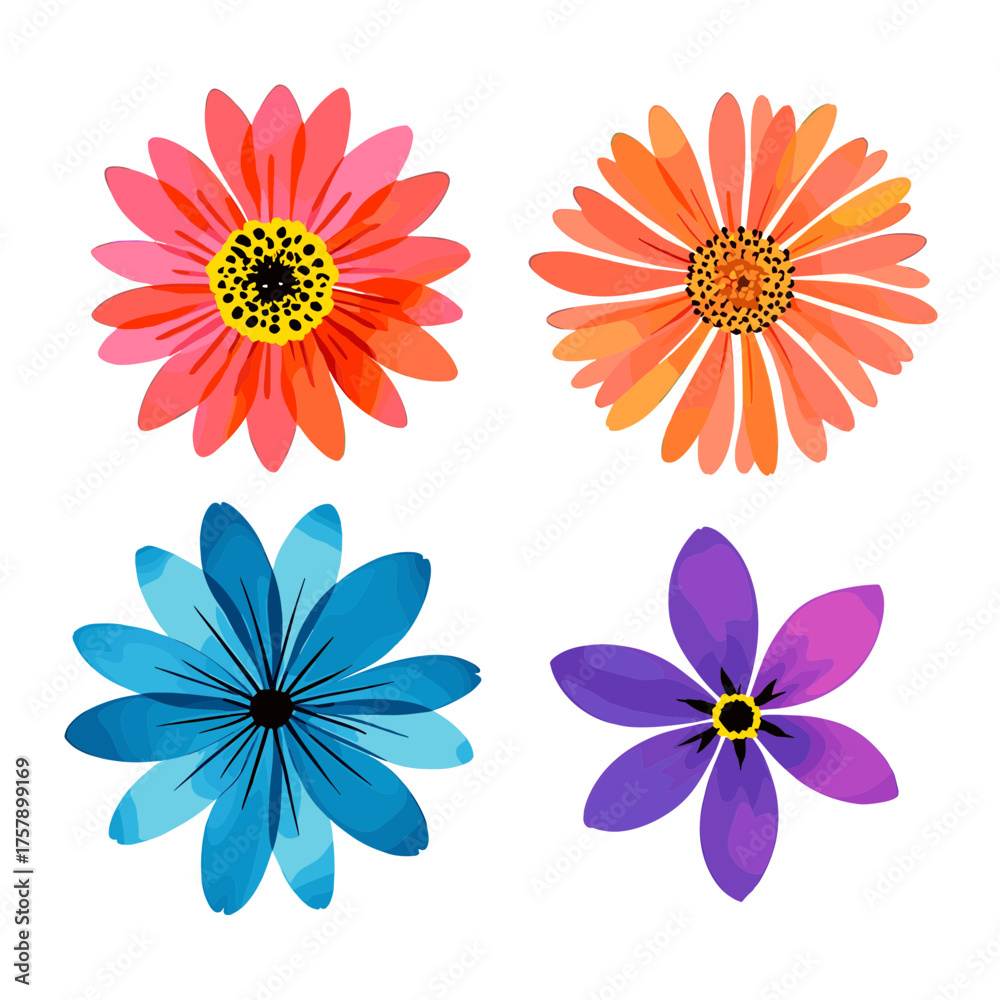 Obraz premium Set of four detailed watercolor-style flowers from top view in vibrant pink, orange, blue, and purple colors, isolated vector illustration for spring design.
