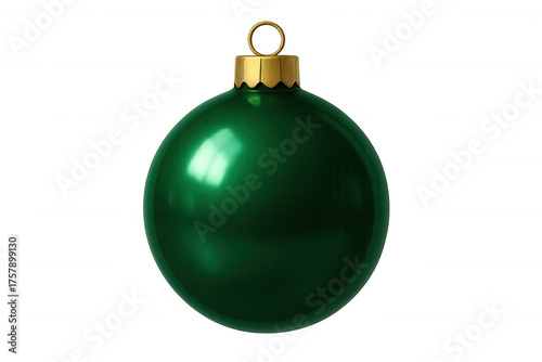 Green christmas ornament bauble, shiny and round, featuring a golden cap. Festive seasonal decoration isolated with a transparent background