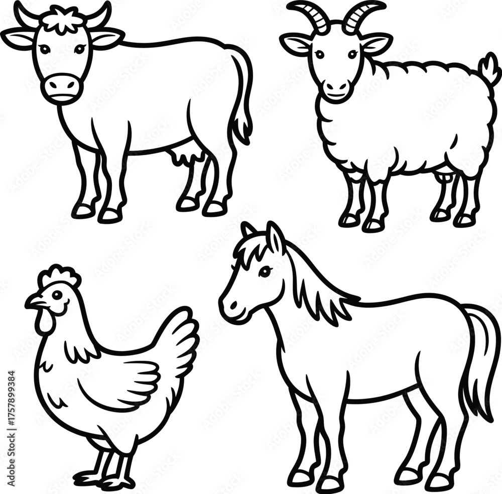 Fototapeta premium Farm animal illustrations silhouette Bundle goat chicken