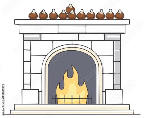 Cartoon fireplace with flickering flames under a mantel laden with chocolate bonbons illustration for seasonal holidays
