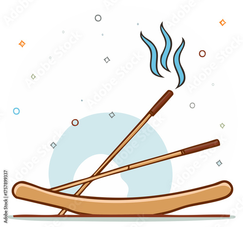 Two burning incense sticks with smoke rising from a wooden holder