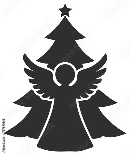 Christmas angel silhouette in front of a festive tree with a star icon
