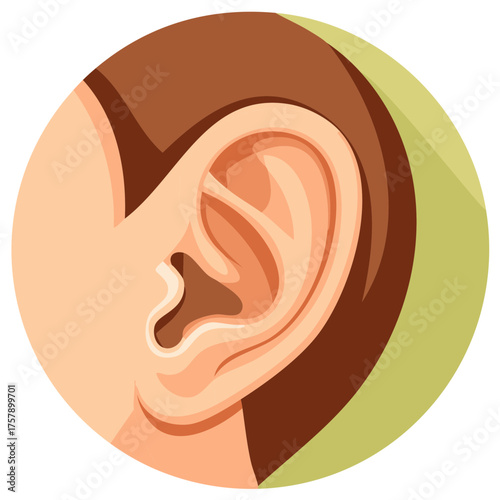 Detailed human ear icon with long shadow, flat design vector illustration for hearing and anatomy