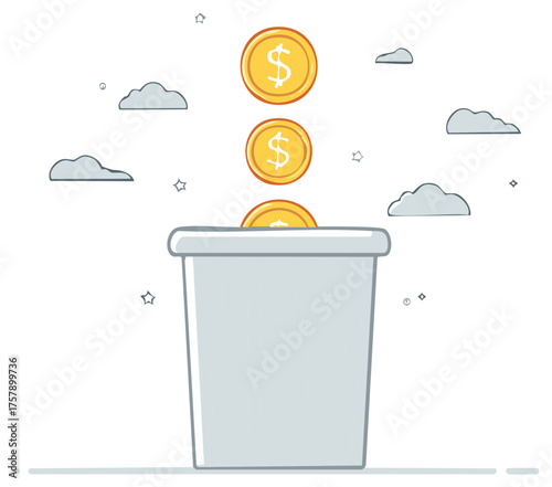 Wasting Money Concept with Gold Coins Thrown into a Trash Can Illustration