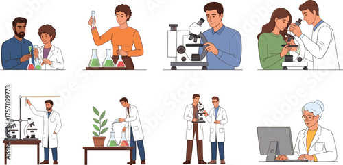 Scientists collaborating in lab settings across biology, chemistry, physics, and botany, showcasing research, teamwork, education, and modern science practices