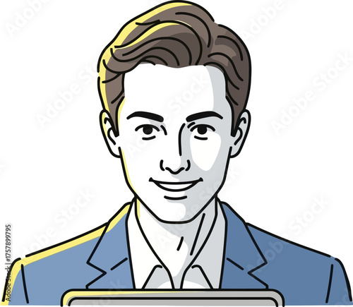 friendly professional navigates technology, providing clear guidance with an optimistic outlook
