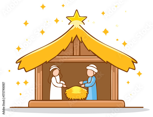 Christmas Nativity Scene with Holy Family and Star of Bethlehem Illustration