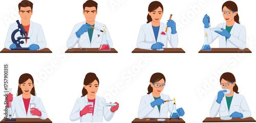 Scientists performing lab experiments with equipment, showcasing research, chemistry, biology, safety, precision, and modern scientific education visuals
