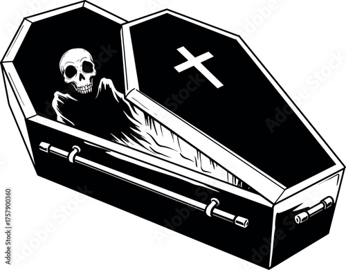 Black Coffin with Skeleton and Cross in Gothic Style for Halloween or Horror Themes