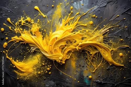 Dynamic Abstract Splashes of Vibrant Yellow Paint on a Dark Textured Surface Creating a Striking Visual Composition