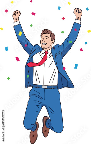 victorious entrepreneur leaps confidently, celebrating grand milestone achievement with joy